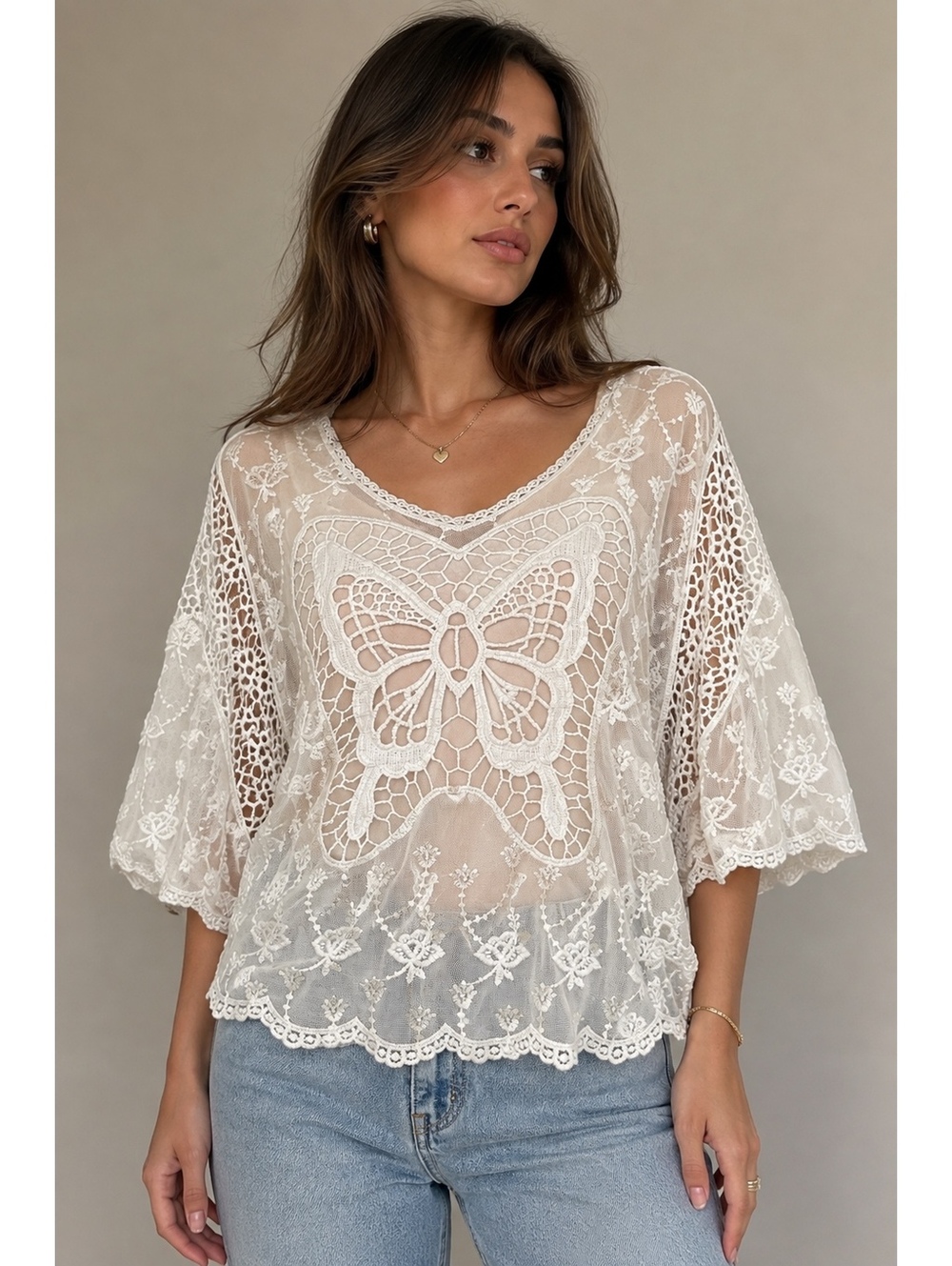 White Butterfly Crochet Lace Blouse Size S Boho Vintage Inspired